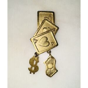 Vintage Gold Tone RVP Brooch Gambling Cards Poker Brooch Pin Dangling Charms